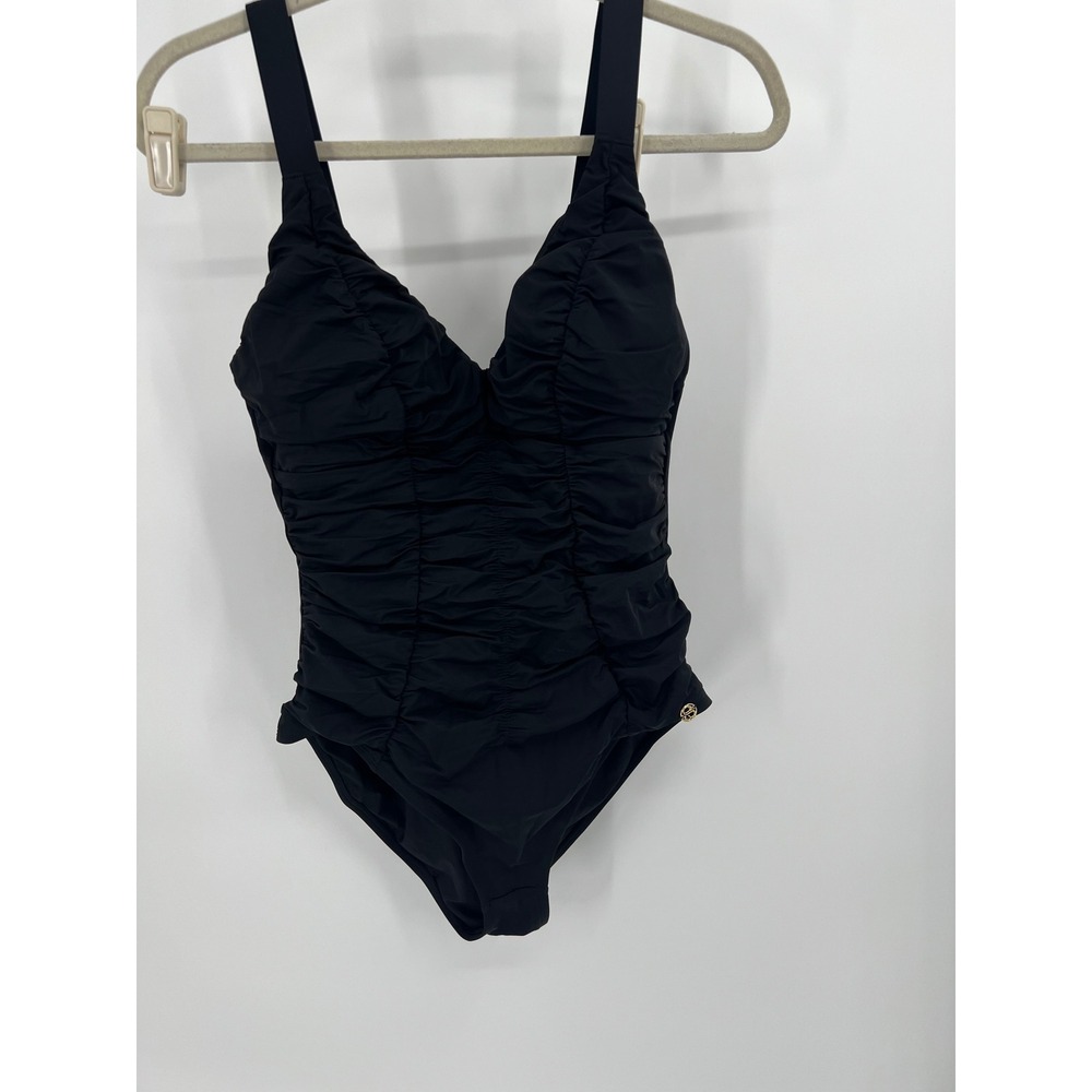 Shapellx Black Ruched One Piece Swimsuit Lace Up Back Gold Hardware Sz M NWT